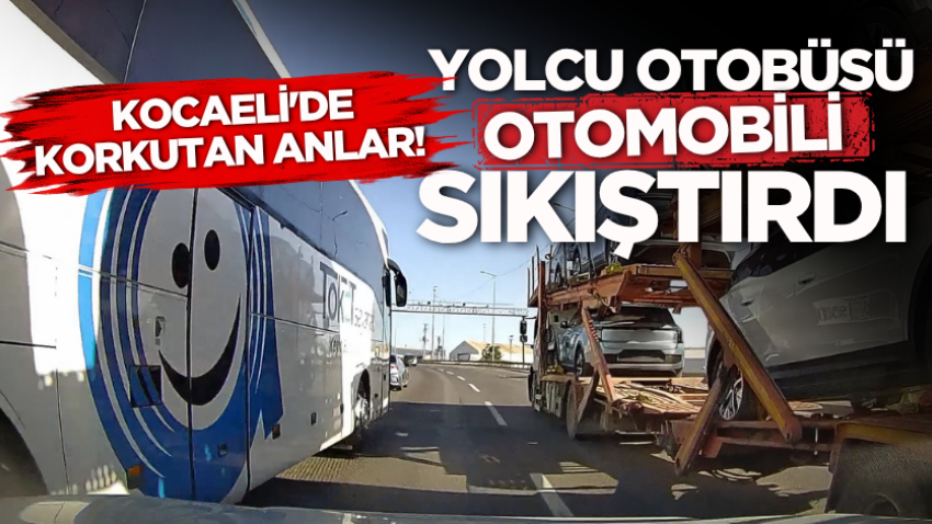 Kocaeli'de korkutan anlar! Yolcu otobüsü otomobili sıkıştırdı